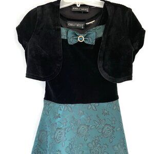 EMILY WEST Girls Green & Black Holiday Dress Black Velvet Bolero Shrug Cardigan